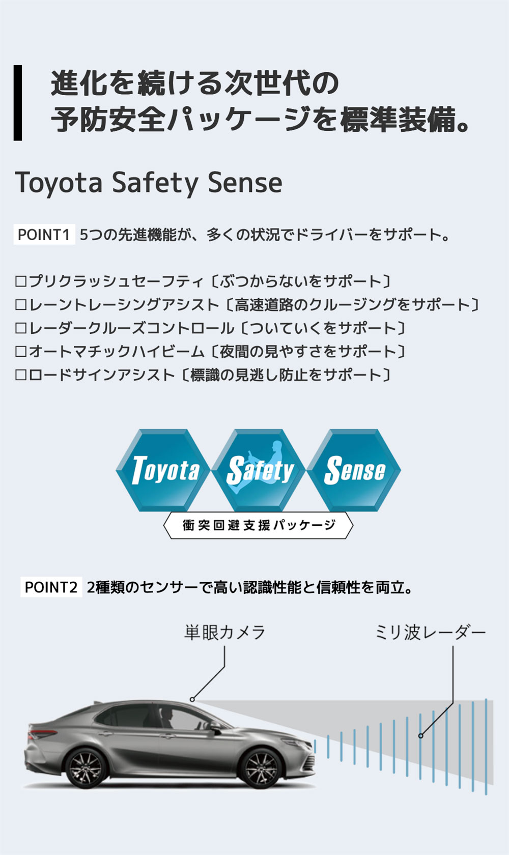 【Toyota Safety Sense】進化を続ける次世代の予防安全パッケージを標準装備。