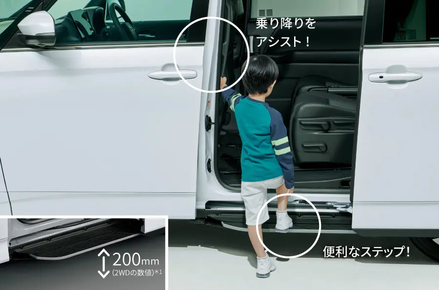 ユニバーサルステップは地上高 200mm（2WDの数値）