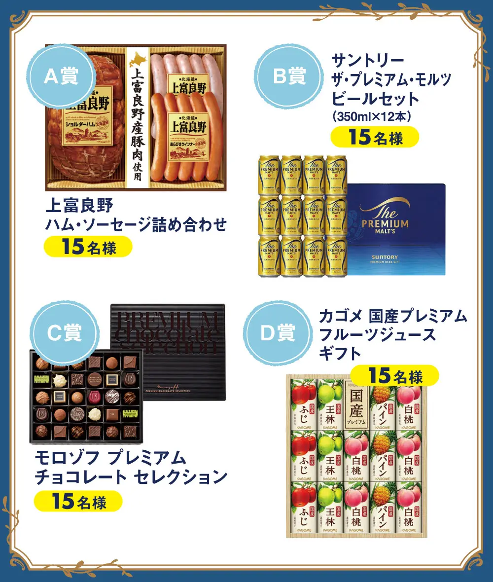 A賞：15名様 上富良野ハム・ソーセージ詰め合わせ／B賞：15名様 サントリー ザ・プレミアムモルツ ビールセット（350ml×12本）／C賞：15名様 モロゾフ プレミアムチョコレートセレクション／D賞：15名様 カゴメ 国産プレミアムフルーツジュースギフト