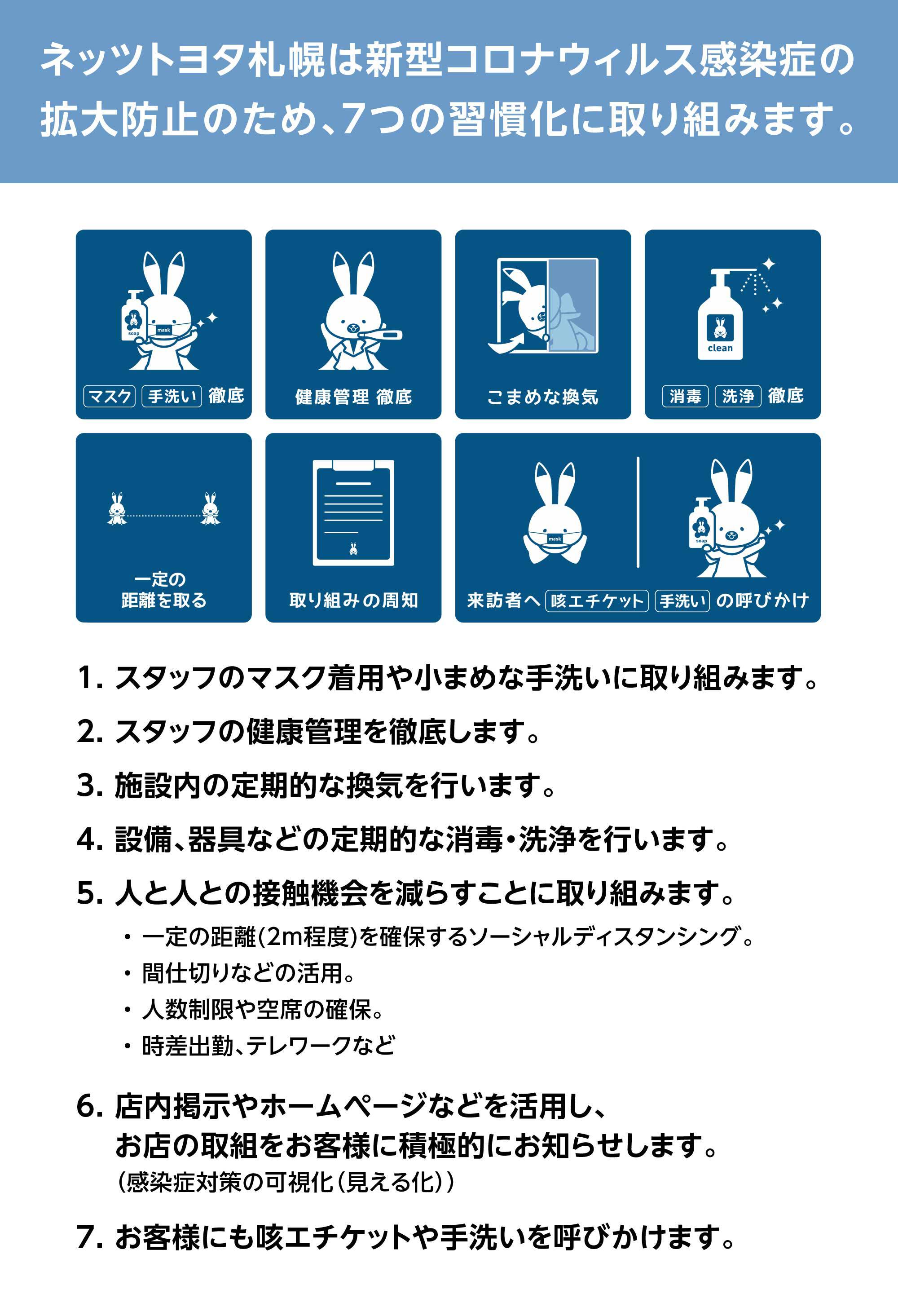 ネッツトヨタ札幌は新型コロナウィル感染症の拡大防止のため7つの習慣化に取り組みます。