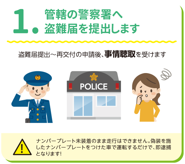 １.管轄の警察署へ盗難届を提出します。盗難届提出〜再交付の申請後、事情聴取を受けます。※ナンバープレート未装着のまま走行はできません。偽装を施したナンバープレートをつけた車で運転するだけで、即逮捕となります！