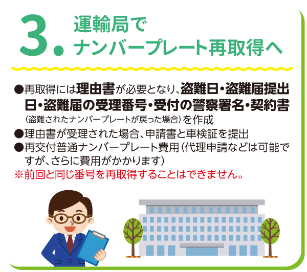 ３.運輸局でナンバープレート再取得へ。再取得には理由書が必要となり、盗難日・盗難届提出日・盗難届の受理番号・受付の警察署名・契約書（盗難されたナンバープレートが戻った場合）を作成。理由書が受理された場合、申請書と車検証を提出。再交付普通ナンバープレート費用（代理申請などは可能ですが、さらに費用がかかります）※前回と同じ番号を再取得することはできません。